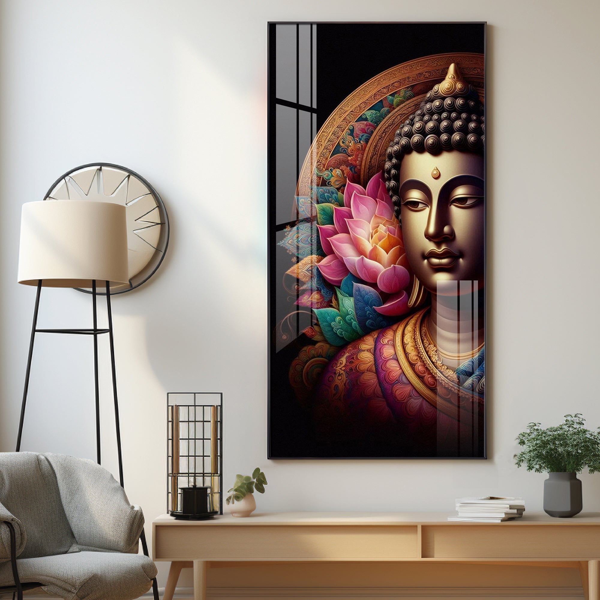 Buddha With Multicolor Lotus Petal Premium Acrylic Wall Art - The Next Decor