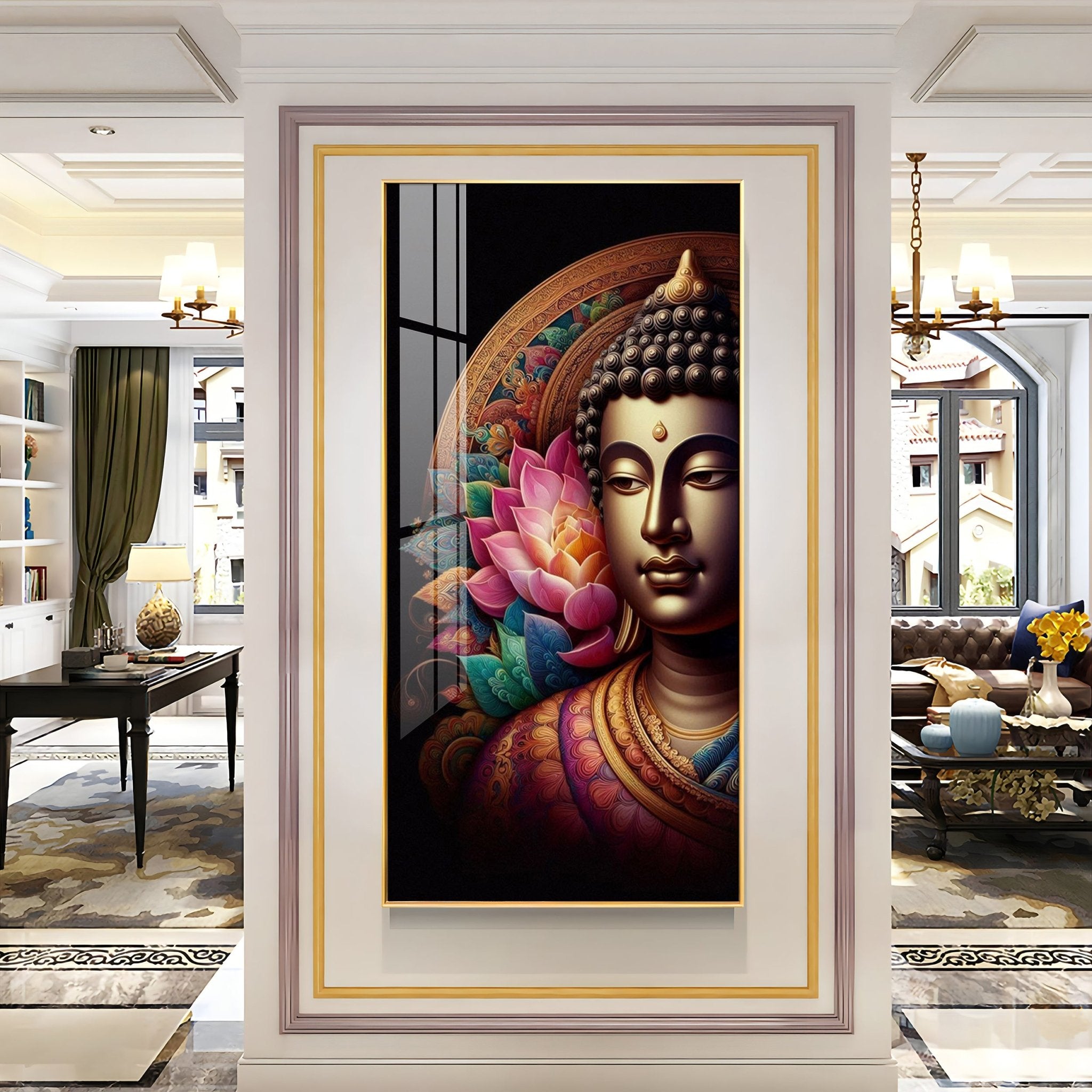 Buddha With Multicolor Lotus Petal Premium Acrylic Wall Art - The Next Decor
