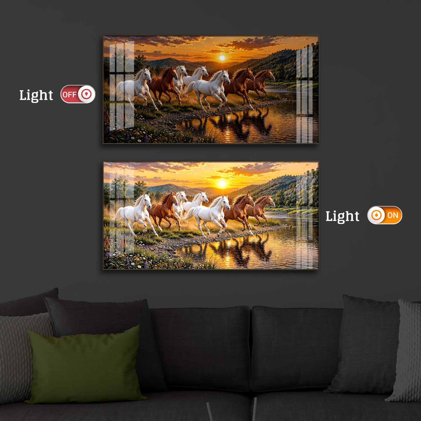 Seven Running Horses With Sunset Splash Modern Luxury Backlight Horizontal Wall Art