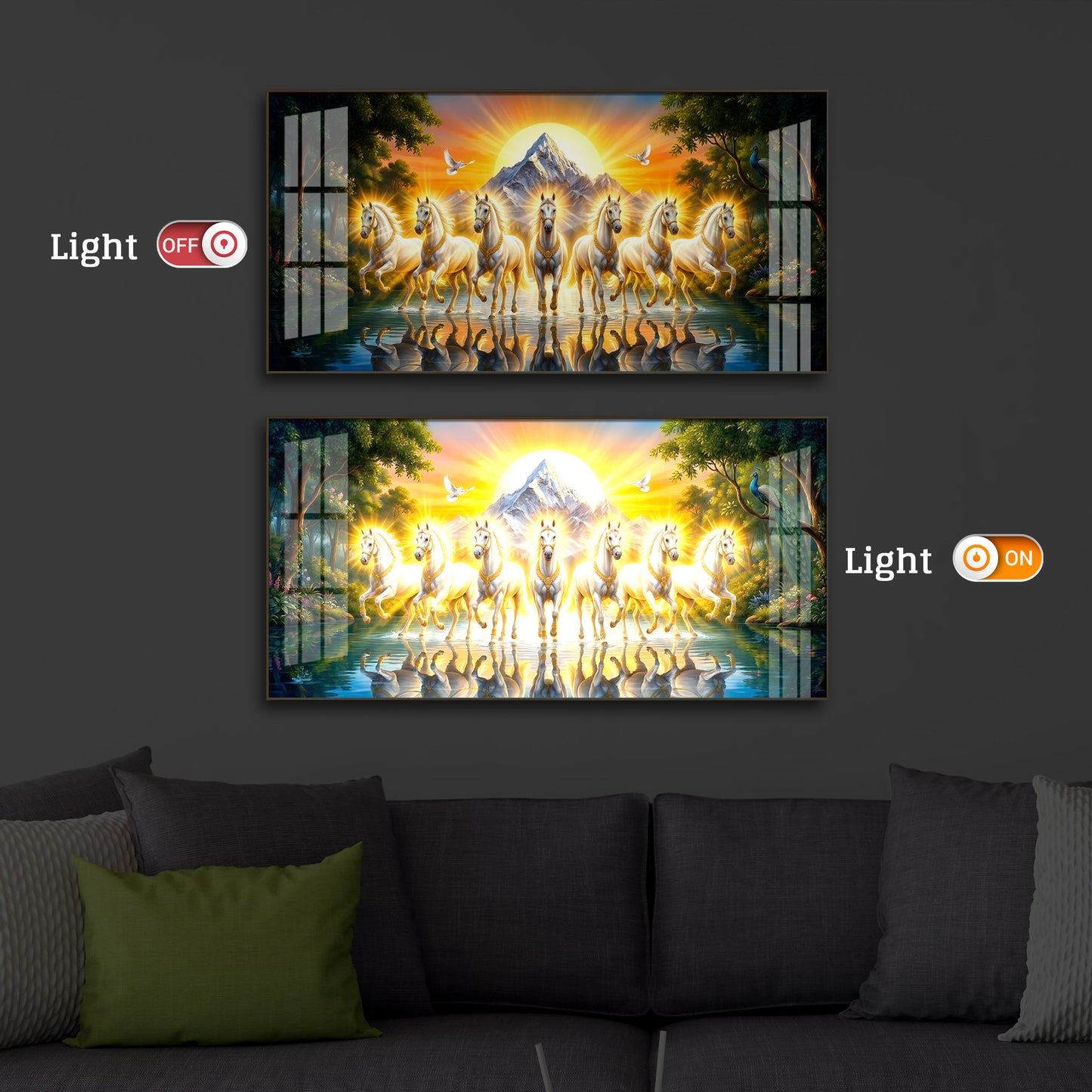 7 White Horses River Glloping Modern Luxury Backlight Horizontal Wall Art