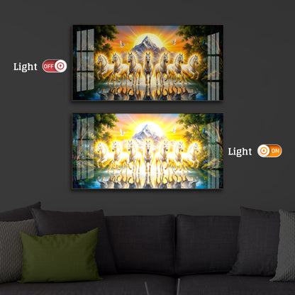 7 White Horses River Glloping Modern Luxury Backlight Horizontal Wall Art