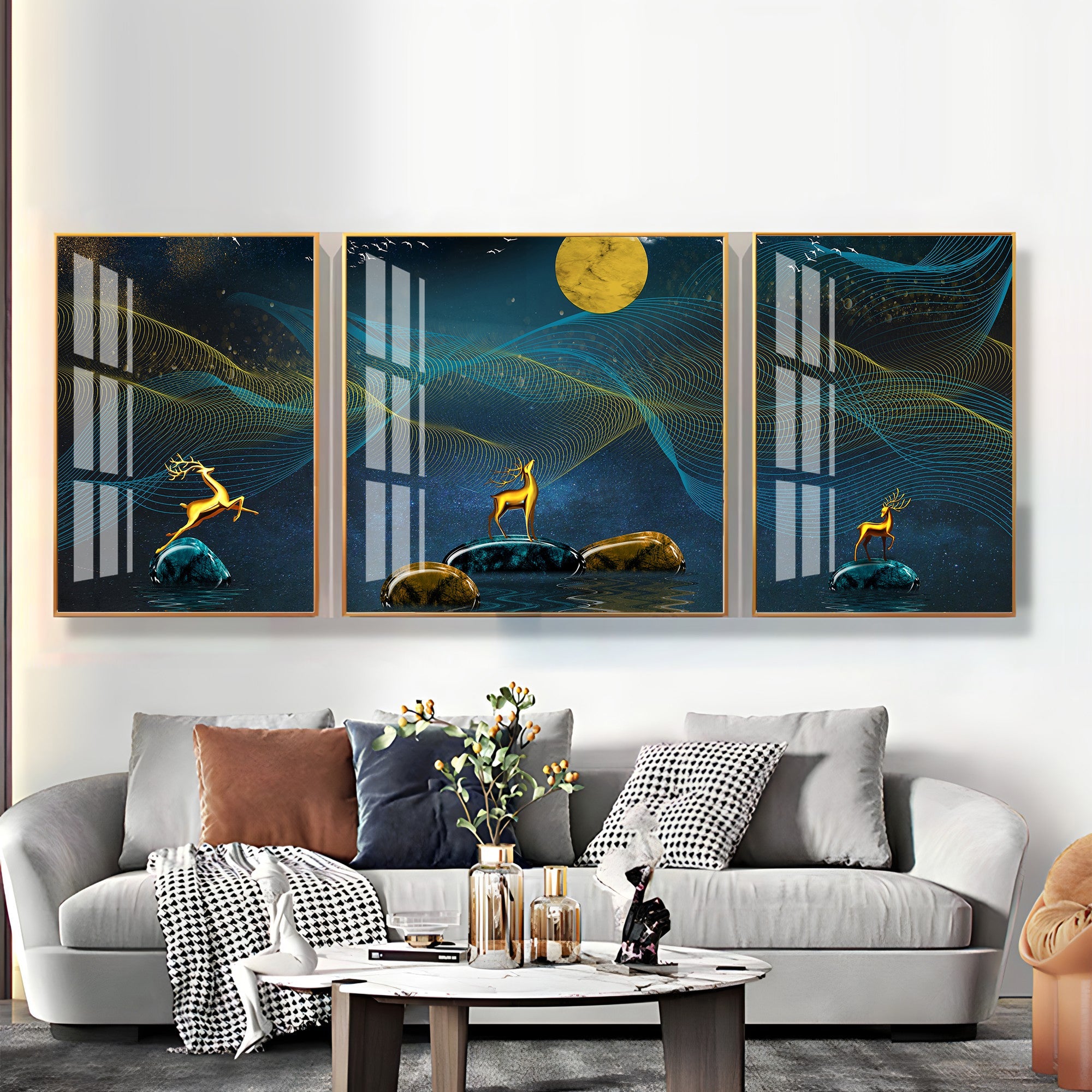 Deers Under Full Moon Night Premium Acrylic Wall Art (Set of 3) - The Next Decor