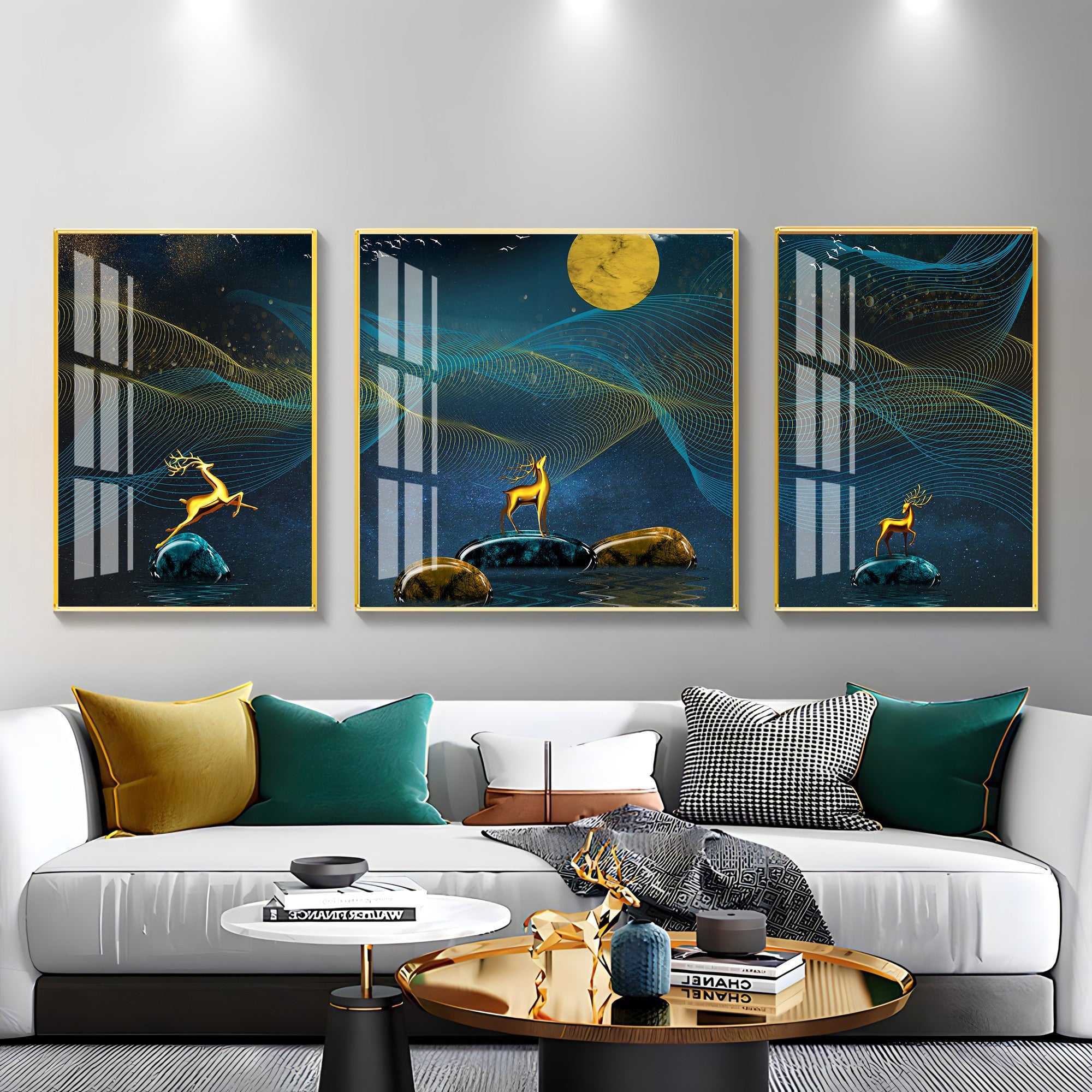 Deers Under Full Moon Night Premium Acrylic Wall Art (Set of 3) - The Next Decor