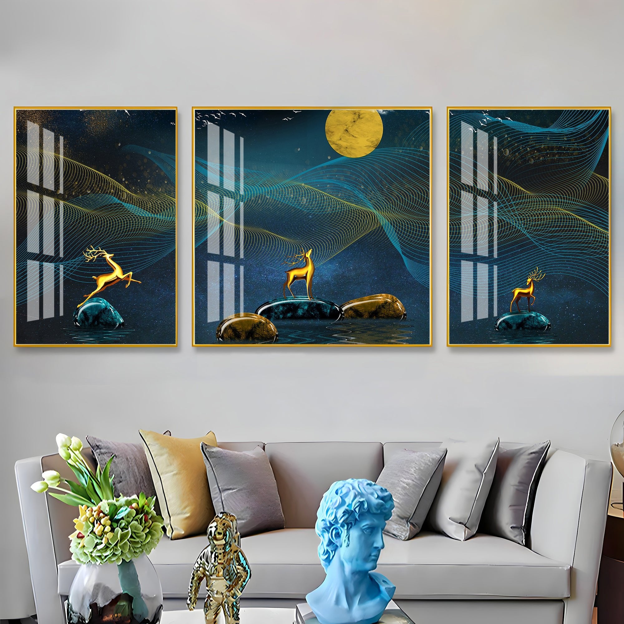 Deers Under Full Moon Night Premium Acrylic Wall Art (Set of 3) - The Next Decor