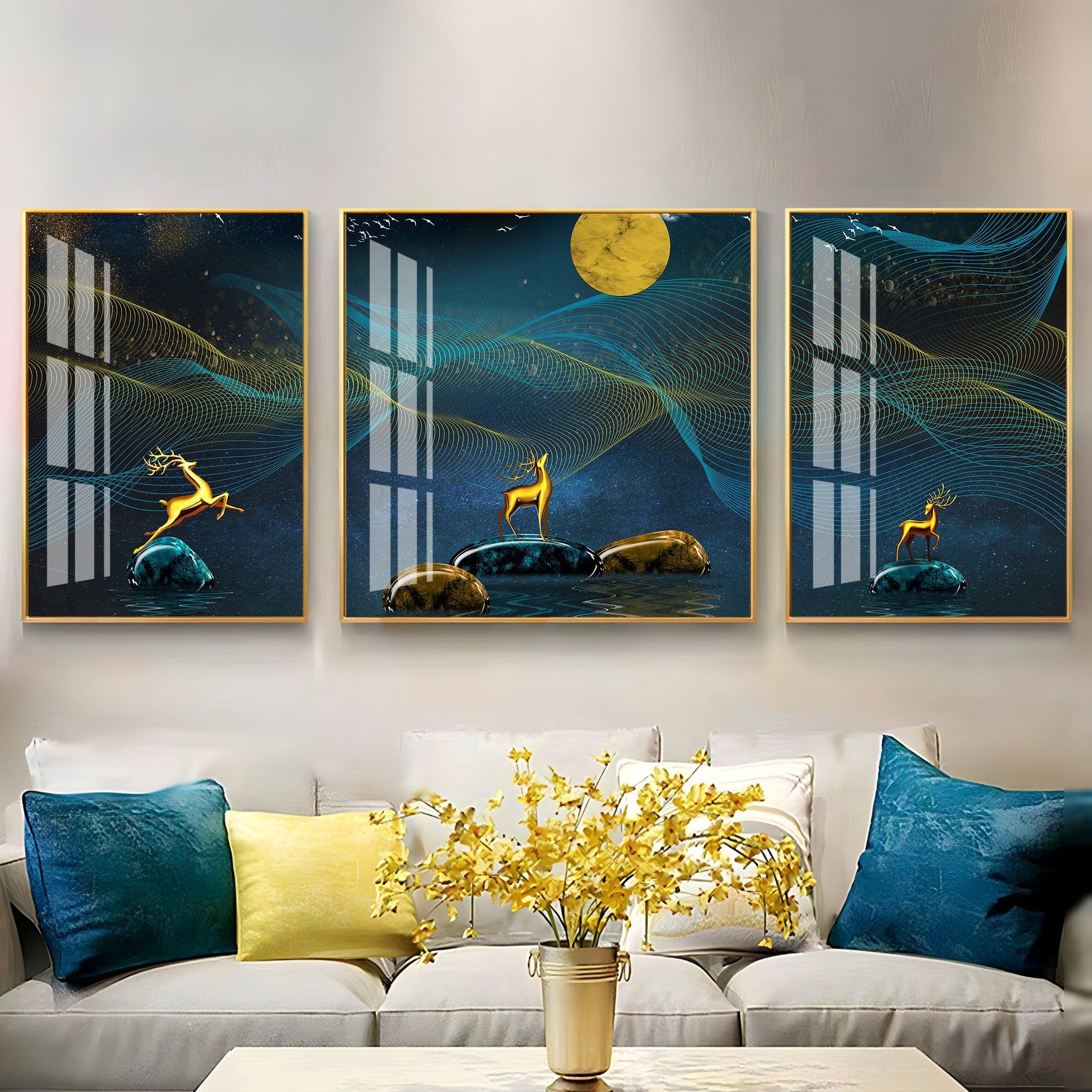 Deers Under Full Moon Night Premium Acrylic Wall Art (Set of 3) - The Next Decor