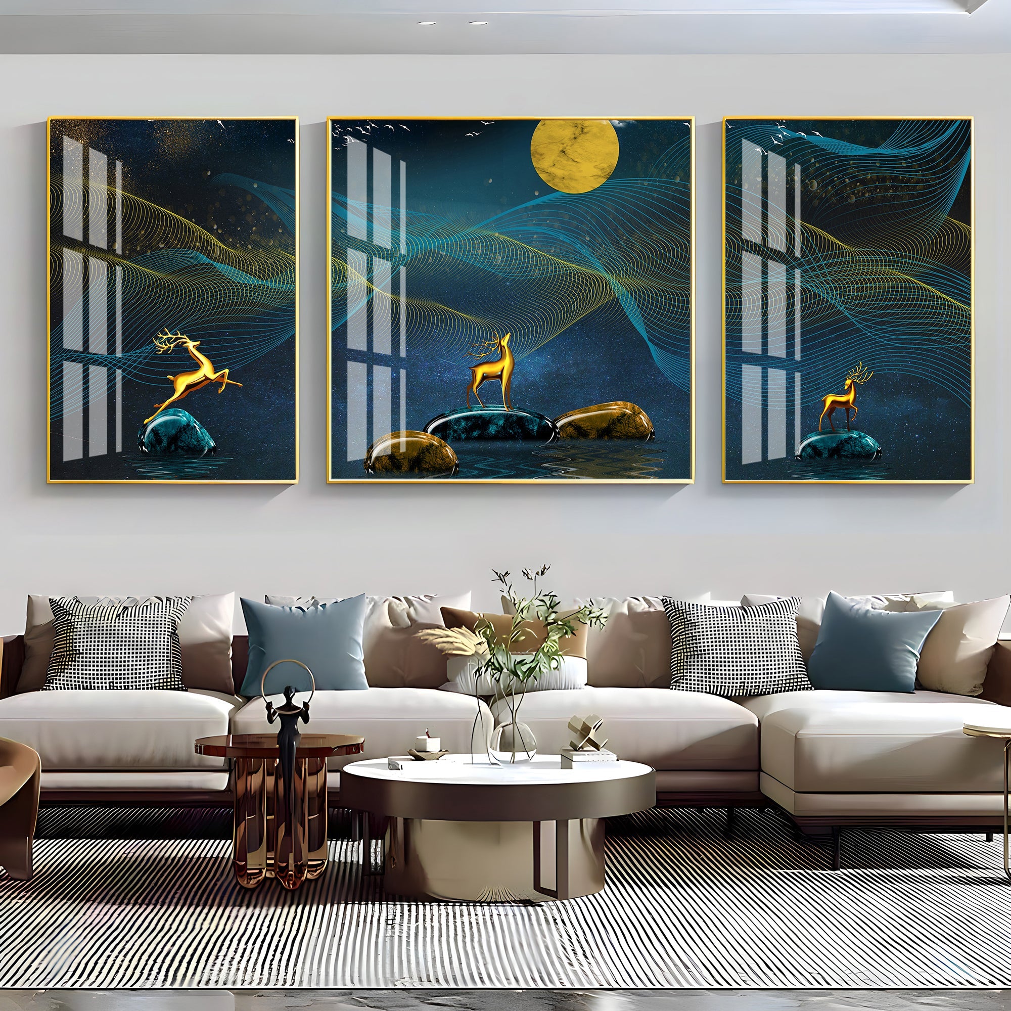 Deers Under Full Moon Night Premium Acrylic Wall Art (Set of 3) - The Next Decor