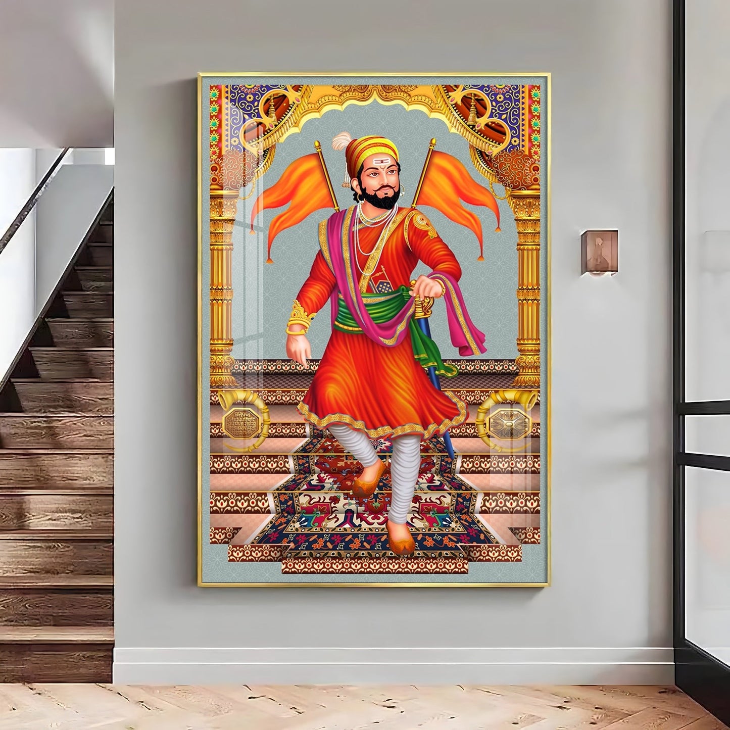 Divine Chhatrapati Shivaji Maharaj Premium Acrylic Vertical Wall Art - 24X16 inches / Gold