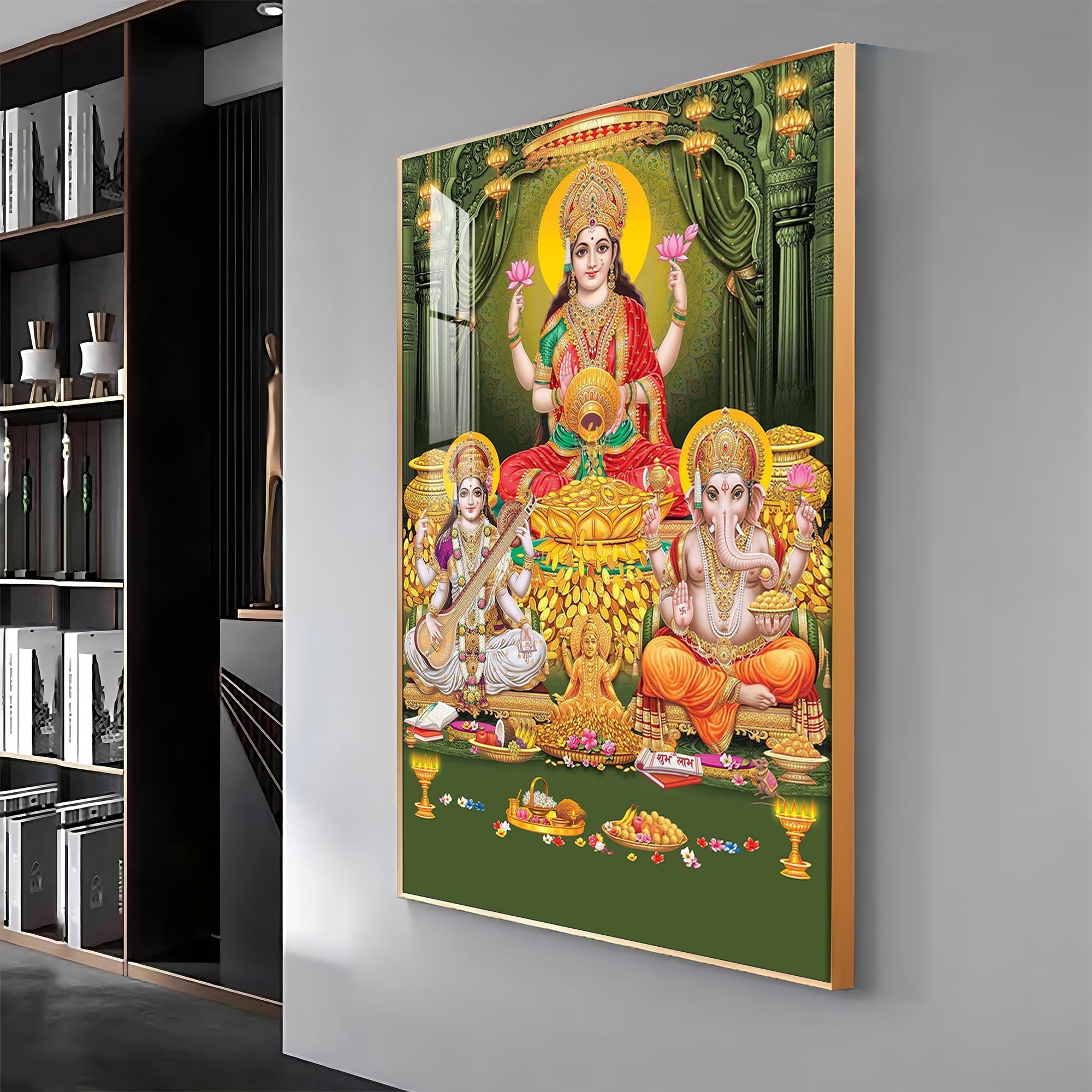 Divine Laxmi Ji With Flower Premium Acrylic Vertical Wall Art - The Next Decor
