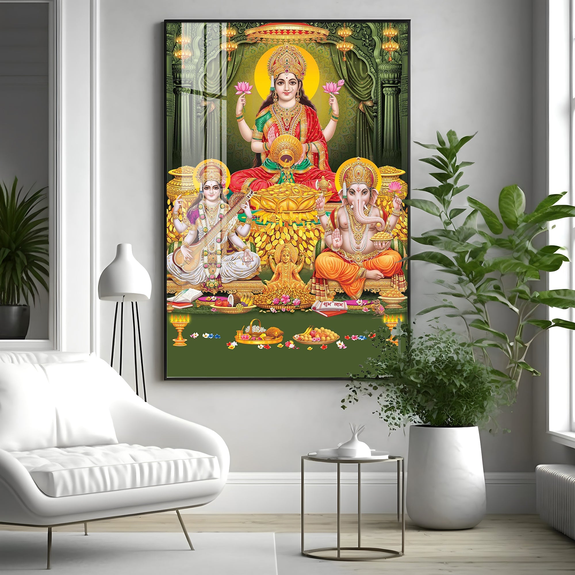 Divine Laxmi Ji With Flower Premium Acrylic Vertical Wall Art - The Next Decor