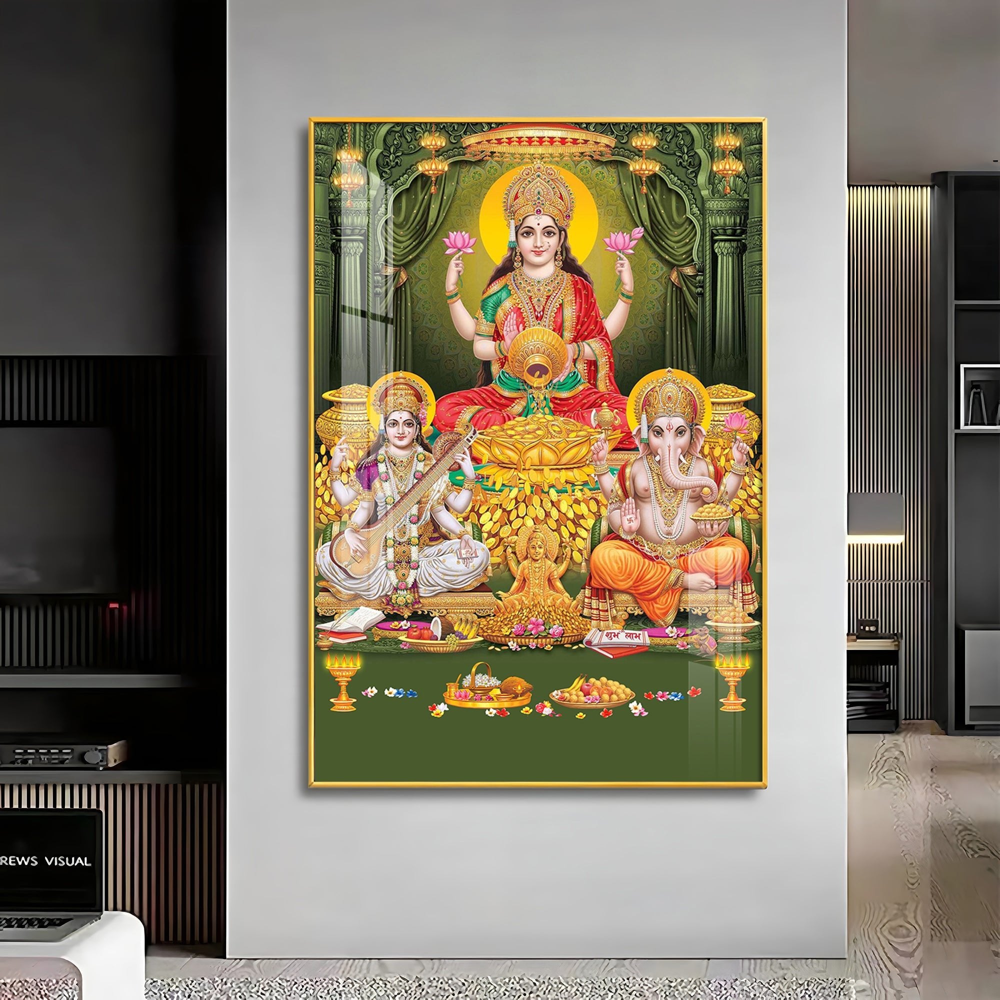 Divine Laxmi Ji With Flower Premium Acrylic Vertical Wall Art - The Next Decor