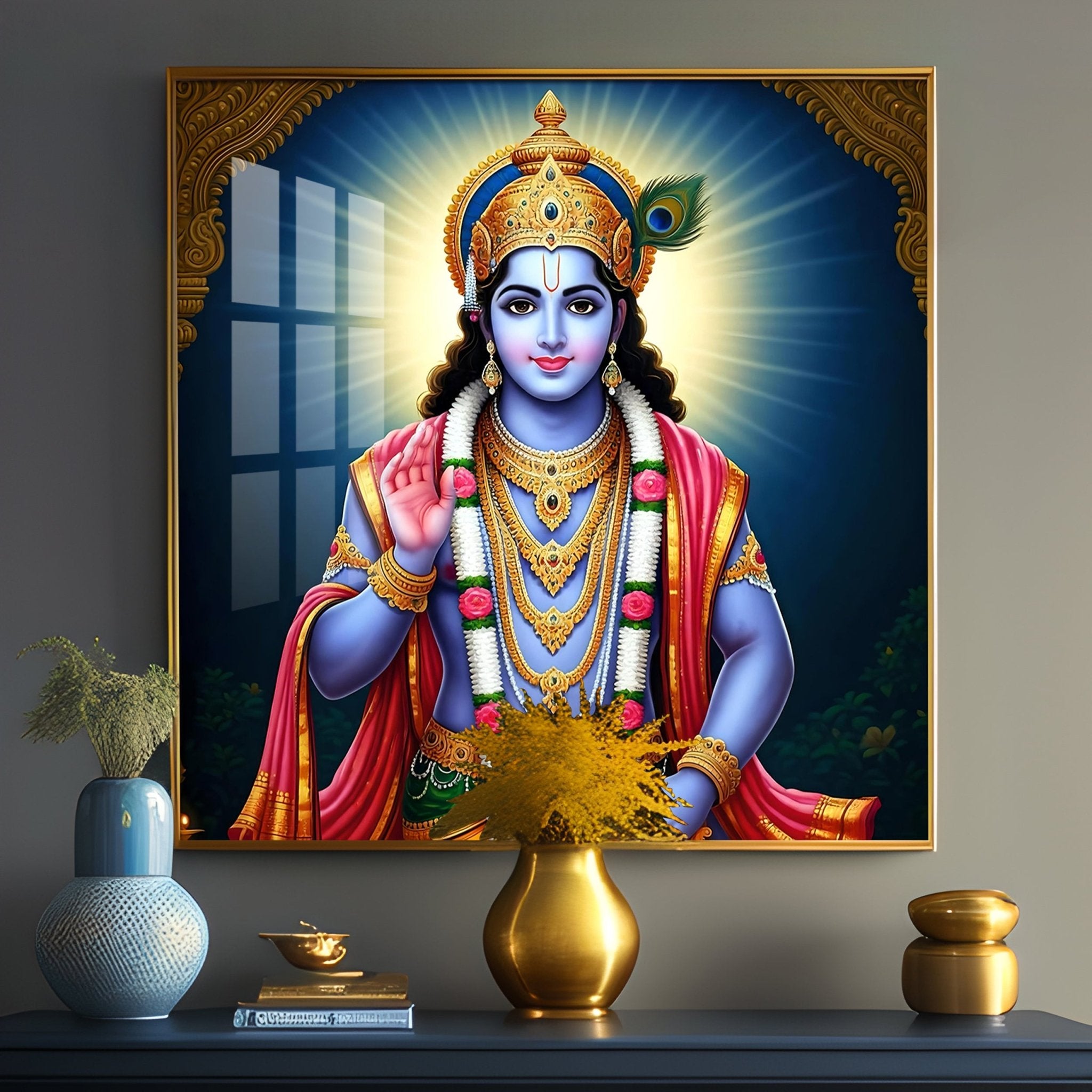 Divine Lord Krishna Blessing Premium Acrylic Square Wall Art - The Next Decor