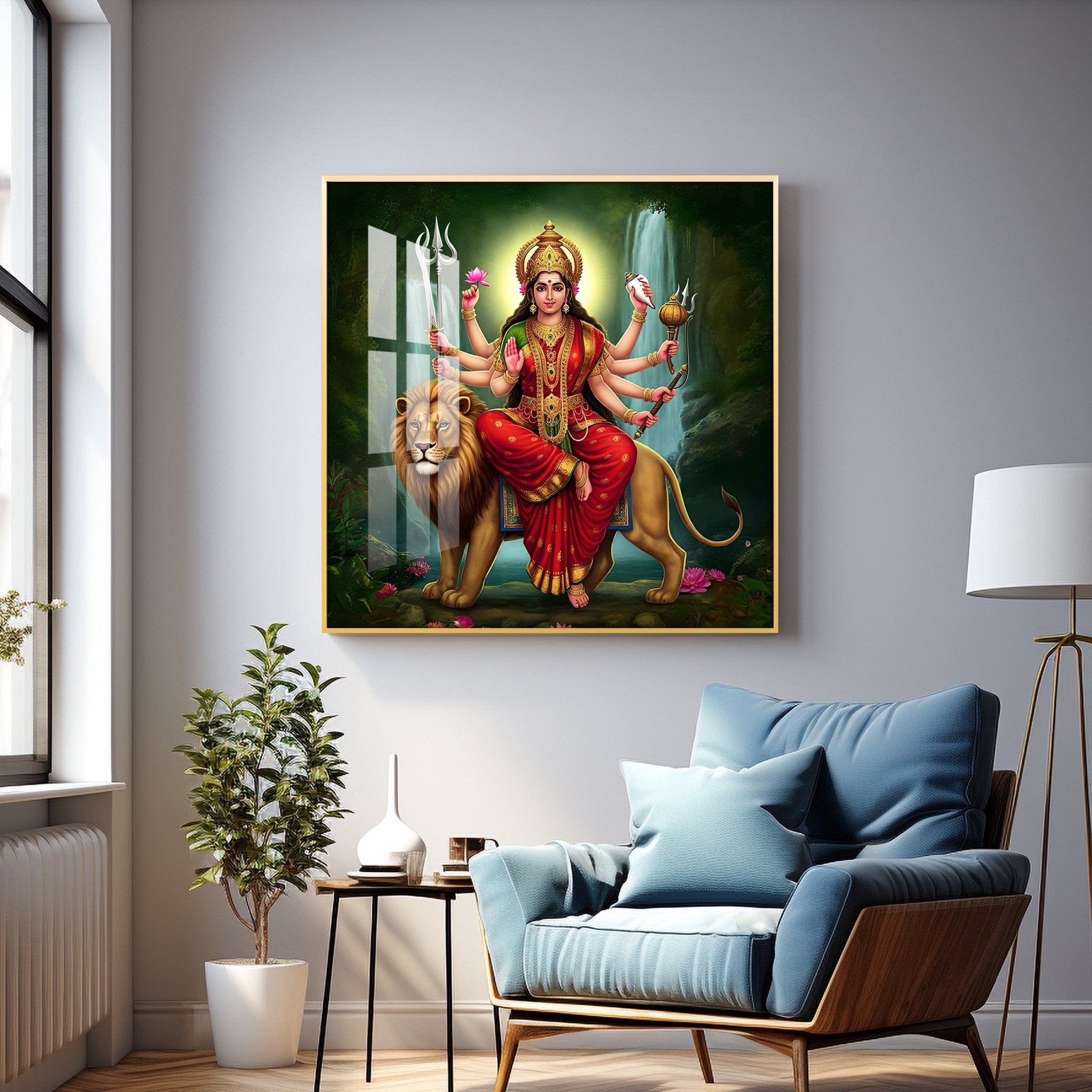 Divine Majesty Of Goddess On Tiger Premium Acrylic Square Wall Art - The Next Decor