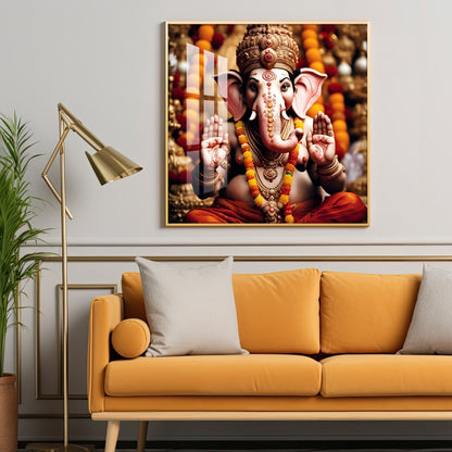Divine Shri Ganesh Premium Acrylic Square Wall Art - 18X18 inches / Gold