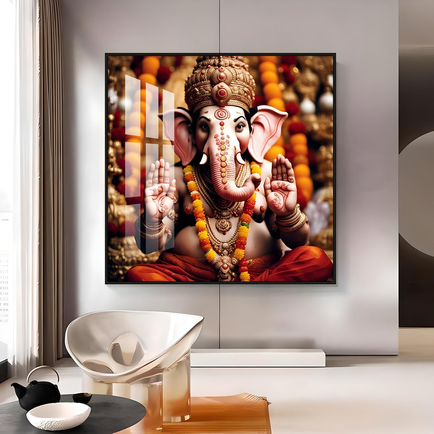 Divine Shri Ganesh Premium Acrylic Square Wall Art - 18X18 inches / Gold
