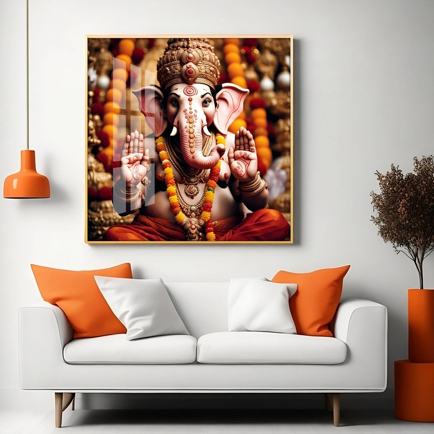 Divine Shri Ganesh Premium Acrylic Square Wall Art - 18X18 inches / Gold