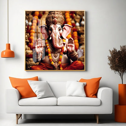 Divine Shri Ganesh Premium Acrylic Square Wall Art - 18X18 inches / Gold