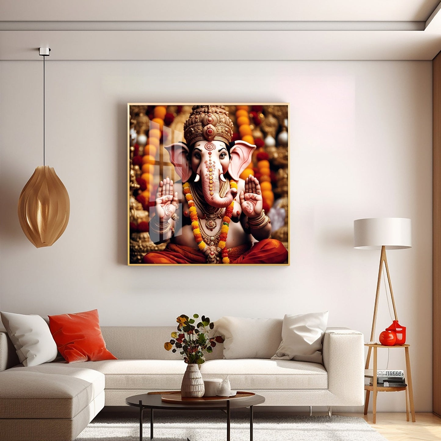 Divine Shri Ganesh Premium Acrylic Square Wall Art - 18X18 inches / Gold