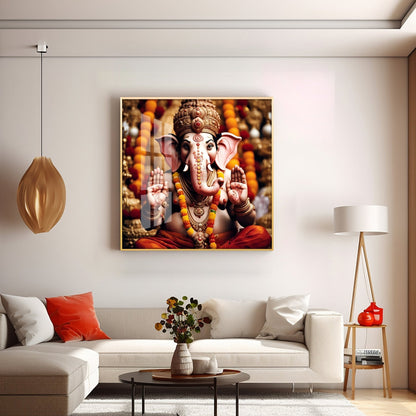 Divine Shri Ganesh Premium Acrylic Square Wall Art - 18X18 inches / Gold