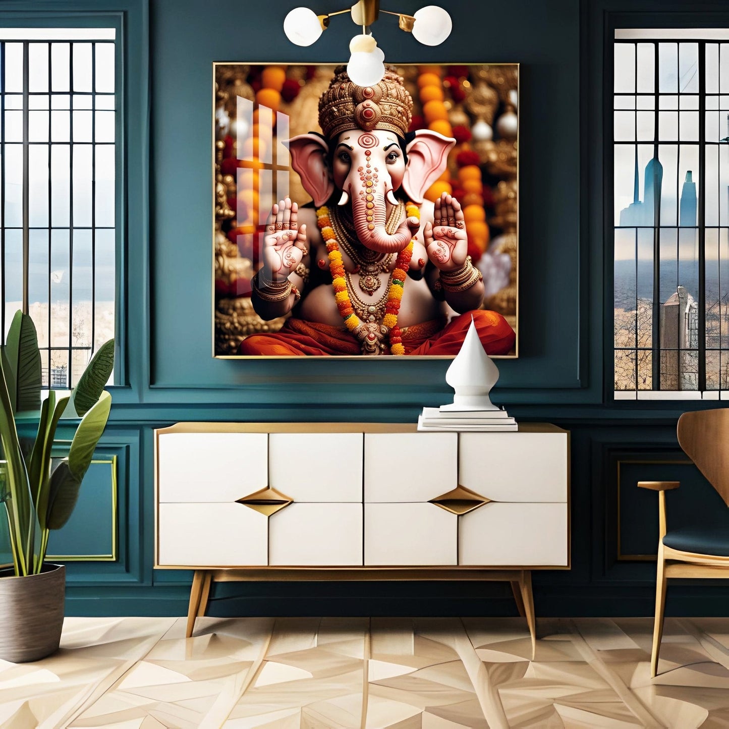 Divine Shri Ganesh Premium Acrylic Square Wall Art - 18X18 inches / Gold