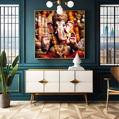 Divine Shri Ganesh Premium Acrylic Square Wall Art - 18X18 inches / Gold