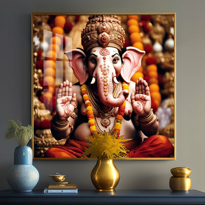 Divine Shri Ganesh Premium Acrylic Square Wall Art - 18X18 inches / Gold