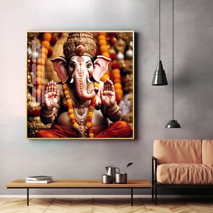 Divine Shri Ganesh Premium Acrylic Square Wall Art - 18X18 inches / Gold