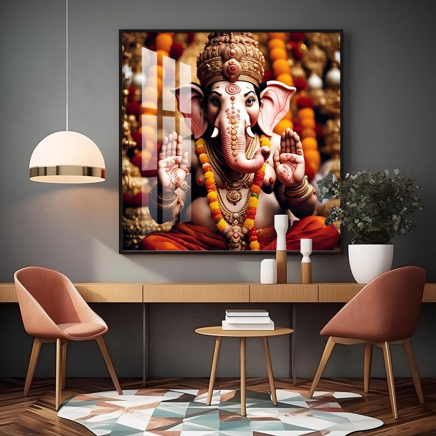 Divine Shri Ganesh Premium Acrylic Square Wall Art - 18X18 inches / Gold