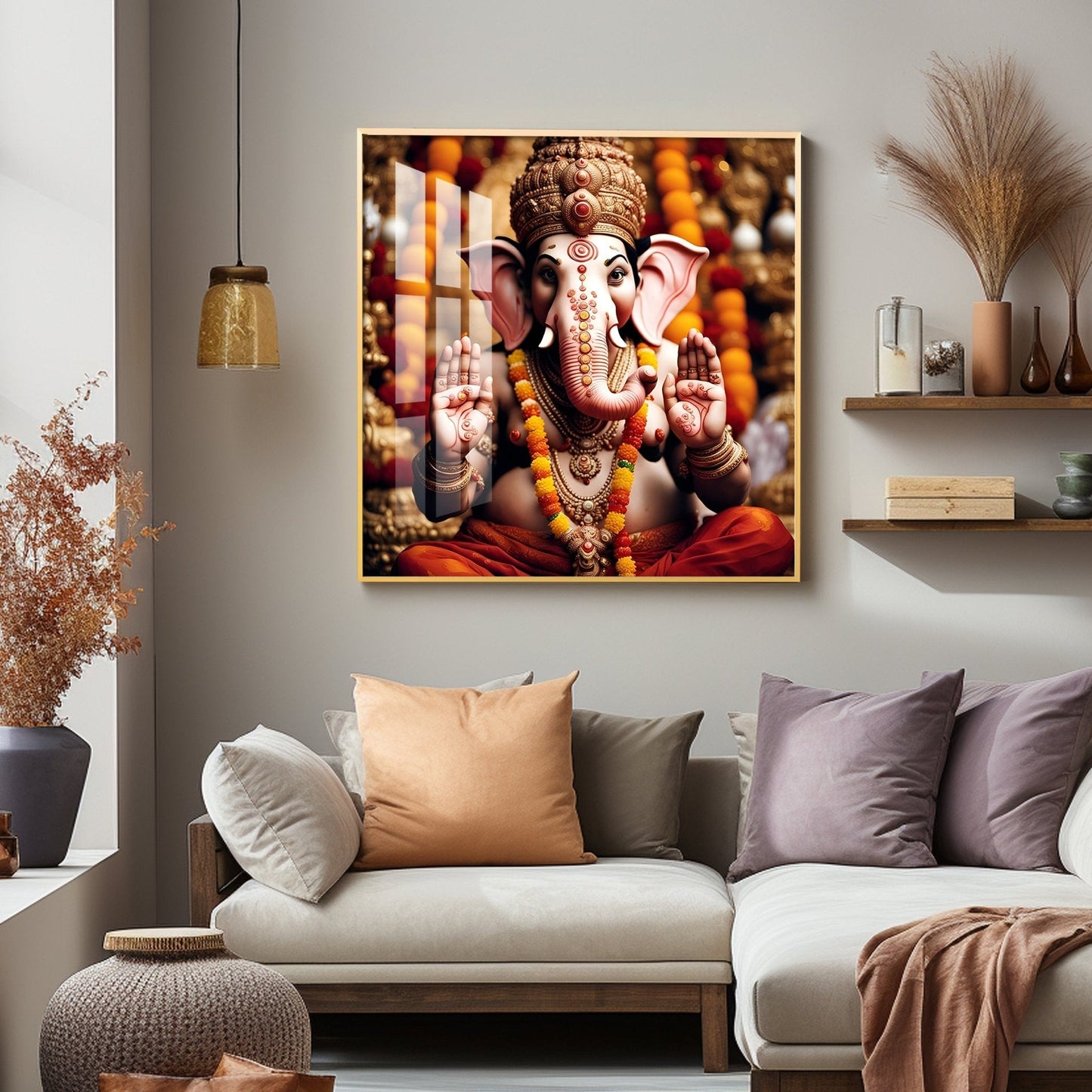 Divine Shri Ganesh Premium Acrylic Square Wall Art - 18X18 inches / Gold