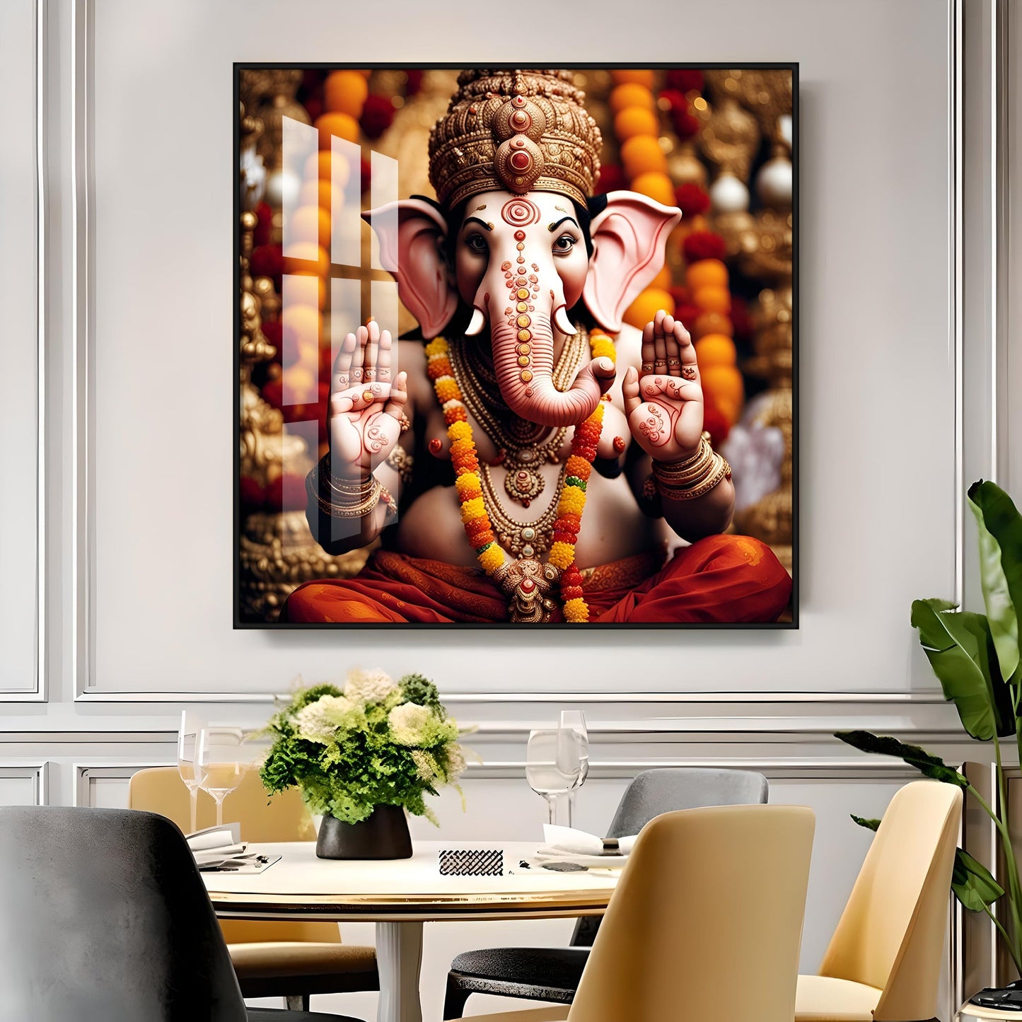 Divine Shri Ganesh Premium Acrylic Square Wall Art - 18X18 inches / Gold