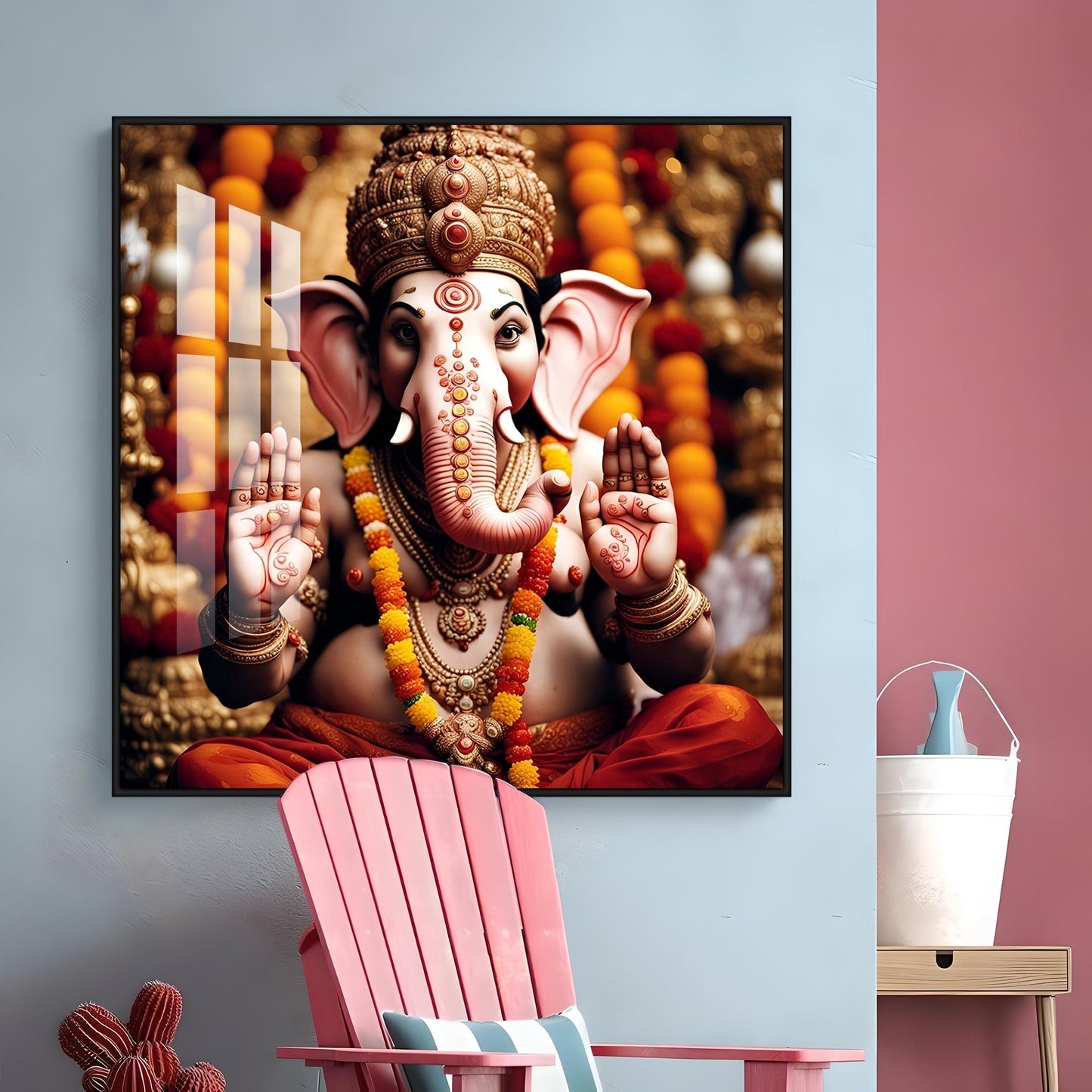 Divine Shri Ganesh Premium Acrylic Square Wall Art - 18X18 inches / Gold