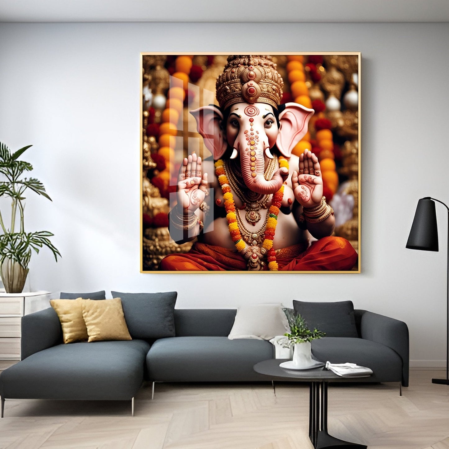 Divine Shri Ganesh Premium Acrylic Square Wall Art - 18X18 inches / Gold