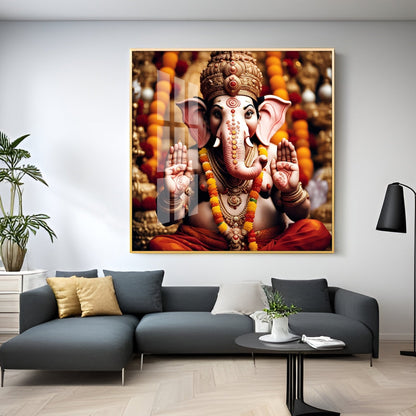 Divine Shri Ganesh Premium Acrylic Square Wall Art - 18X18 inches / Gold
