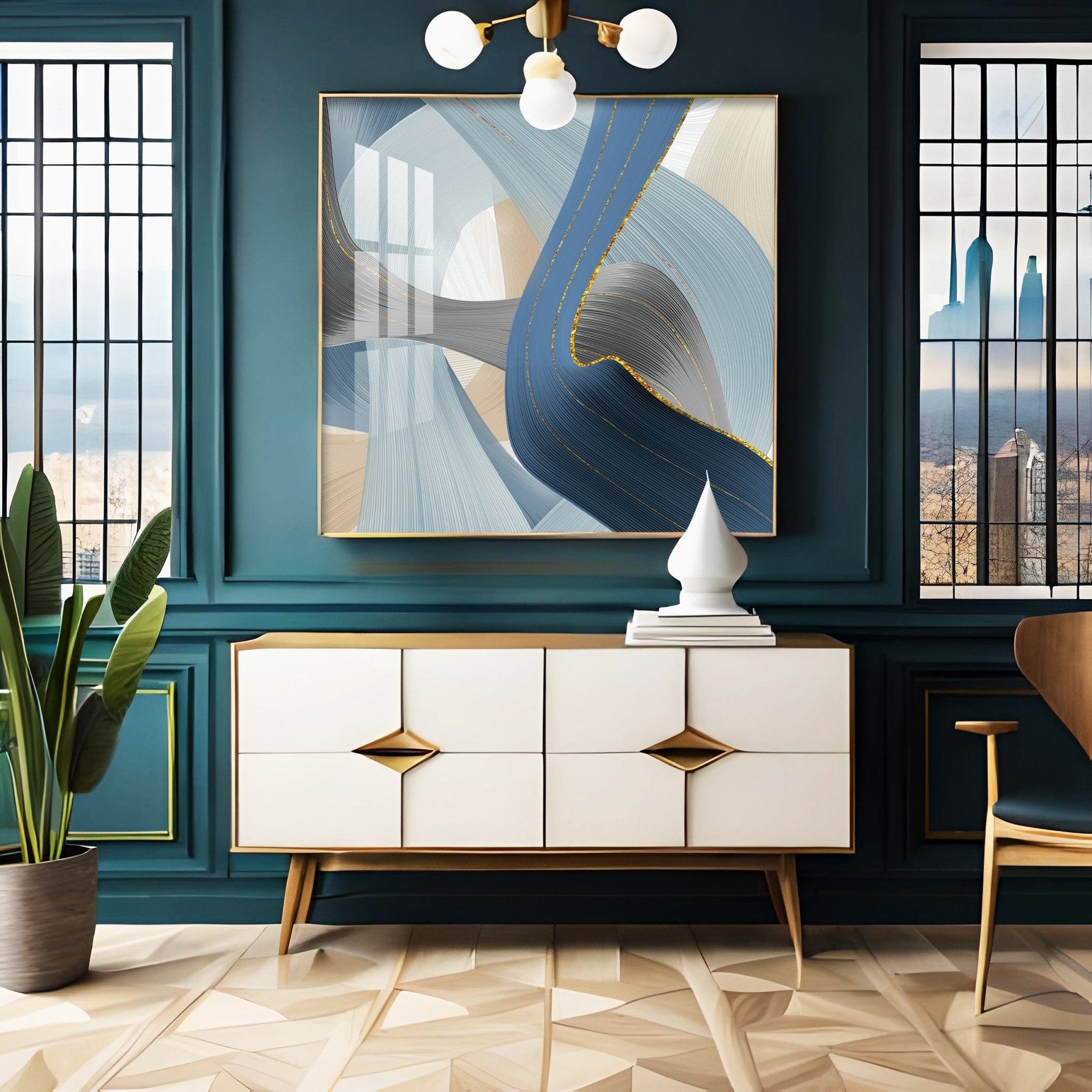 Geometric Fluid Art With Golden Lines Premium Acrylic Square Wall Art - The Next Decor