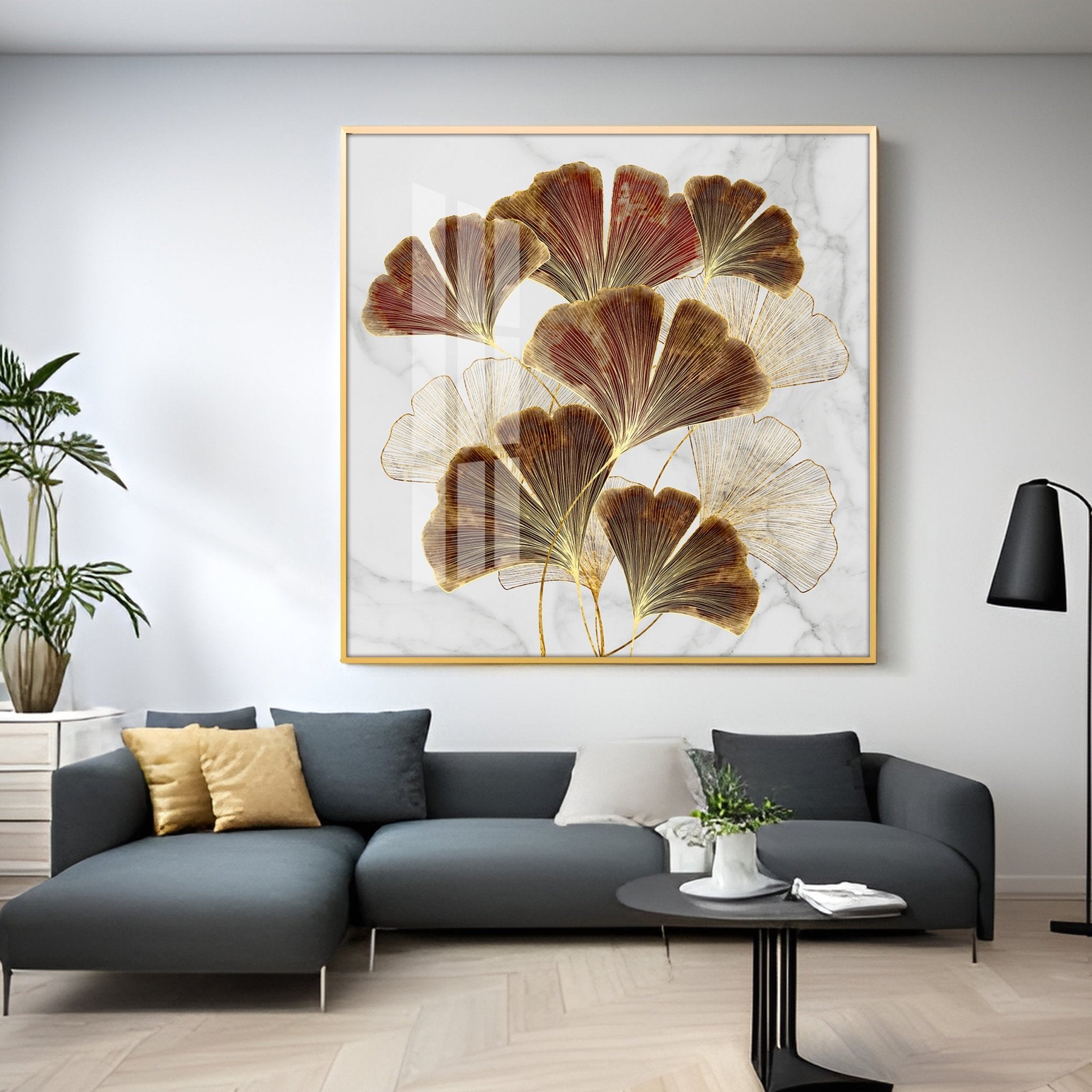 Ginkgo Biloba Leaves Luxury Crystal Square Wall Art - The Next Decor