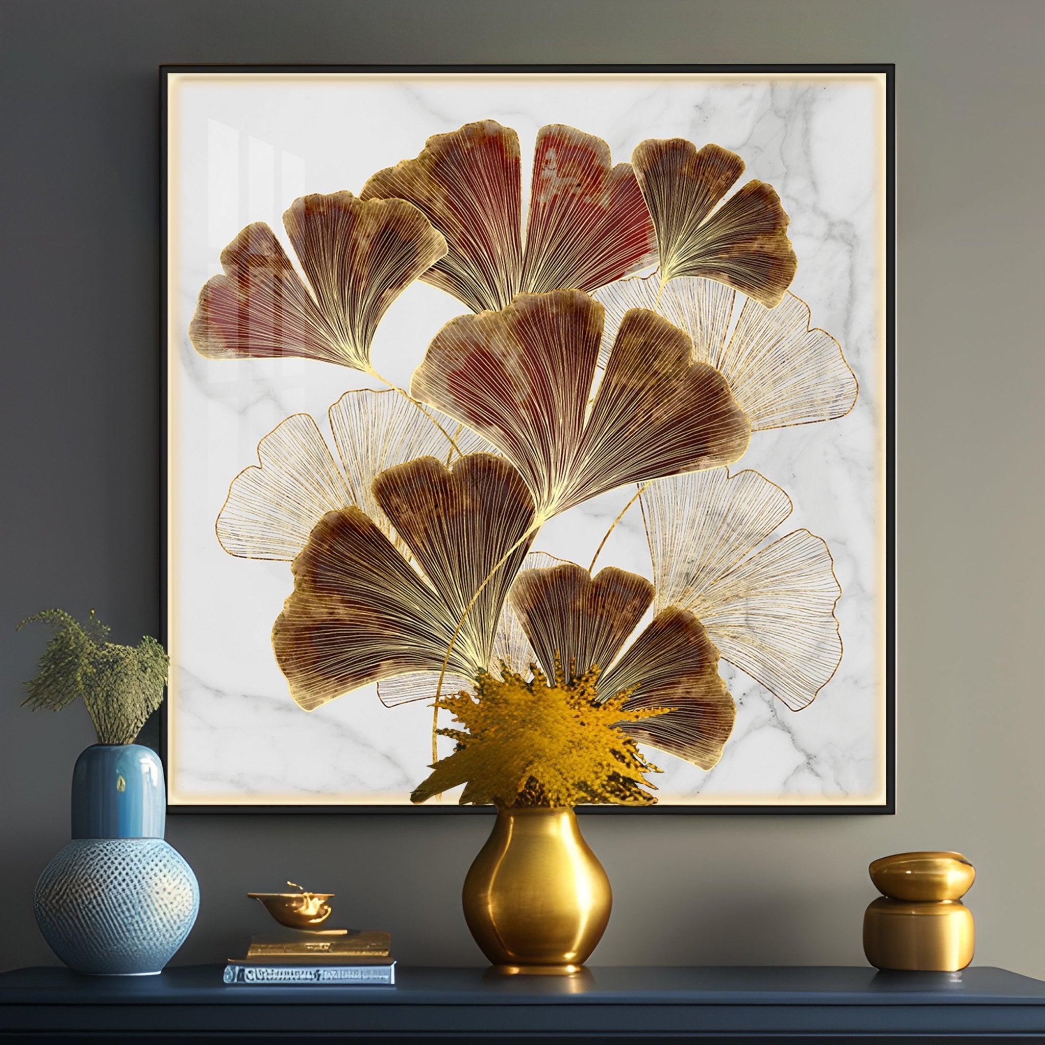 Ginkgo Biloba Leaves Luxury Crystal Square Wall Art - The Next Decor