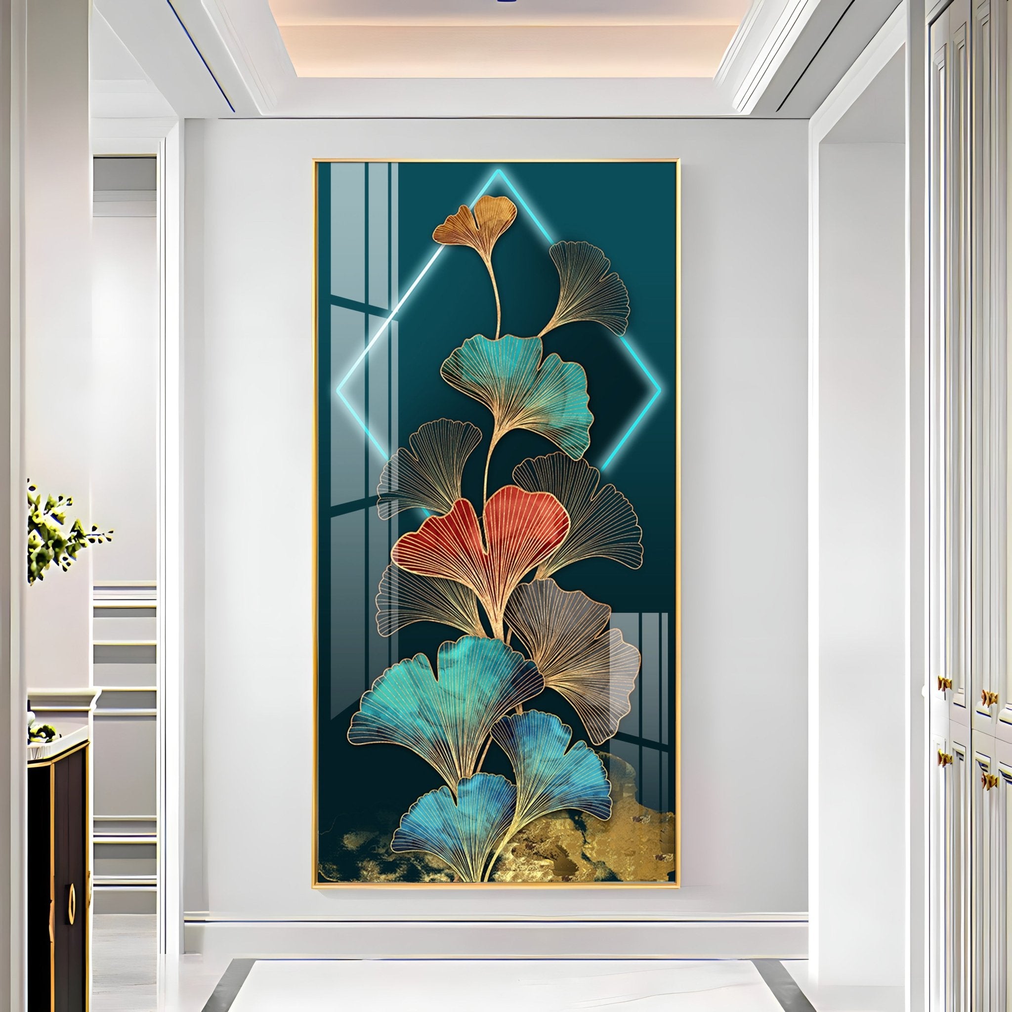 Ginkgo Leaf Entrance Hall Gold Foil Luxury Crystal Vertical Wall Art - The Next Decor