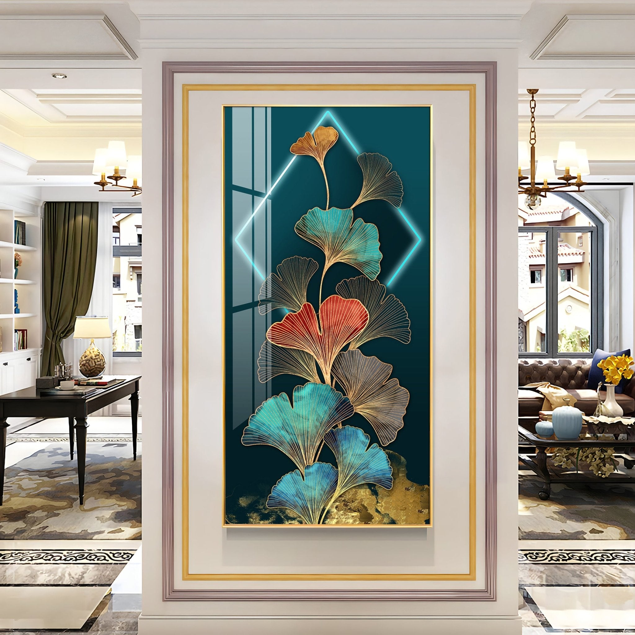 Ginkgo Leaf Entrance Hall Gold Foil Luxury Crystal Vertical Wall Art - The Next Decor