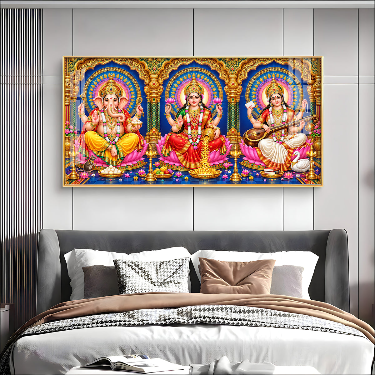Divine Lord Ganesha, Goddess Saraswati & Goddess Lakshmi Premium Acrylic Horizontal Wall Art