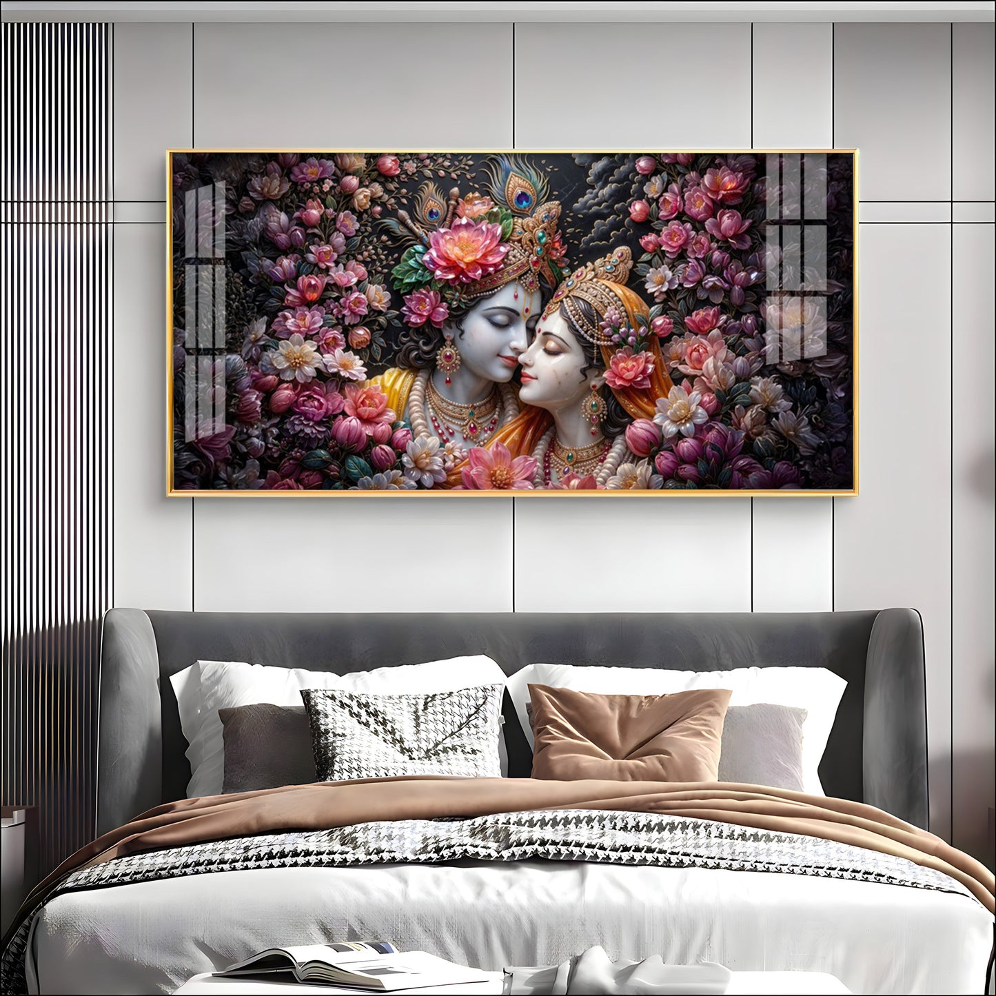 Floral Radha Krishna With Beautiful Background Premium Acrylic Horizontal Wall Art