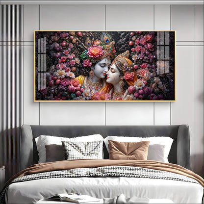 Floral Radha Krishna With Beautiful Background Premium Acrylic Horizontal Wall Art