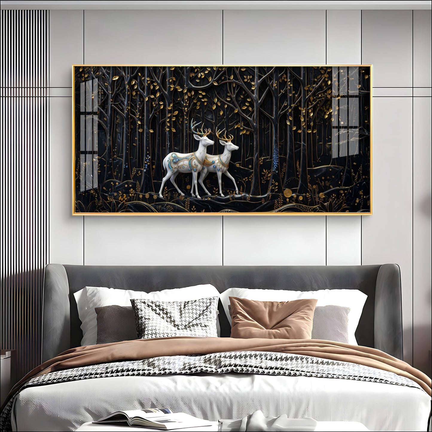 Two White Deer In A Black Forest Premium Acrylic Horizontal Wall Art