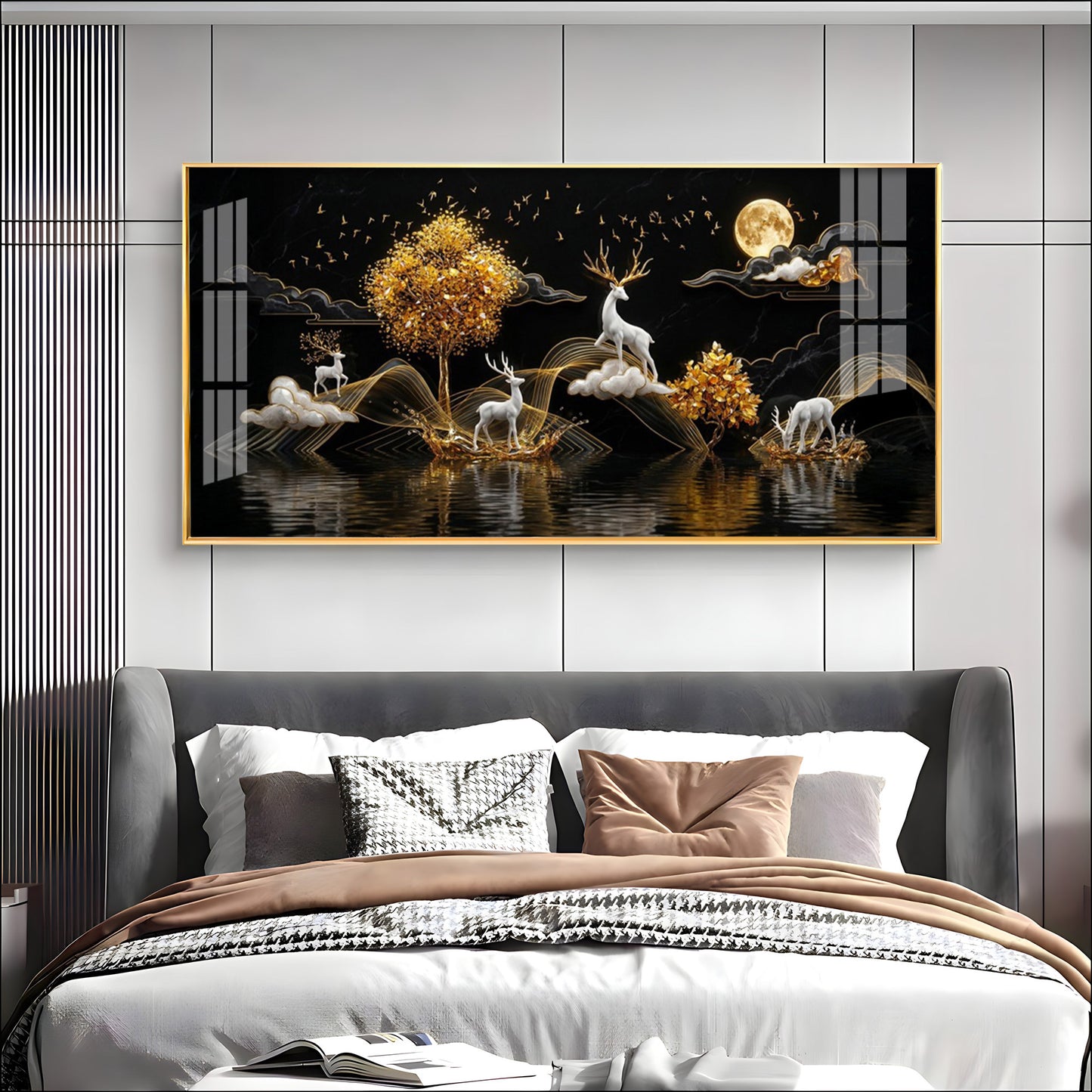 Moonlit Golden Deer Night Theam Premium Acrylic Horizontal Wall Art