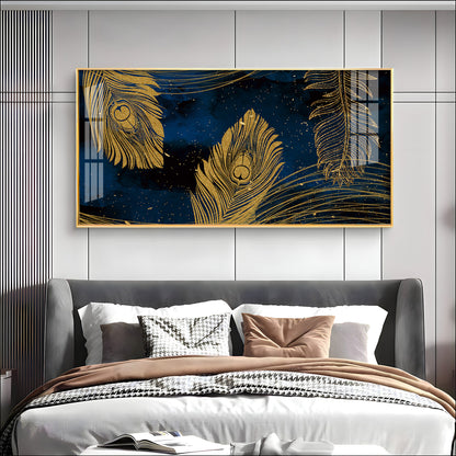Gold Metallic Peacock Feathers Premium Acrylic Horizontal Wall Art
