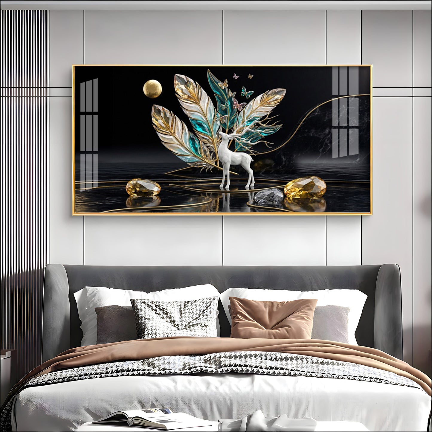 White Deer With Feathers Premium Acrylic Horizontal Wall Art