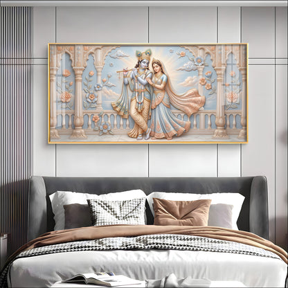 Krishna Playing The Flute Beside Radha Premium Acrylic Horizontal Wall Art