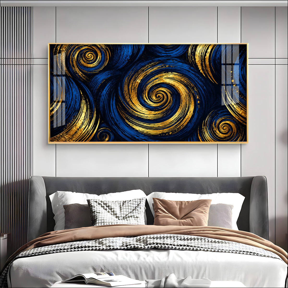 Blue Gold Swirls Premium Acrylic Horizontal Wall Art