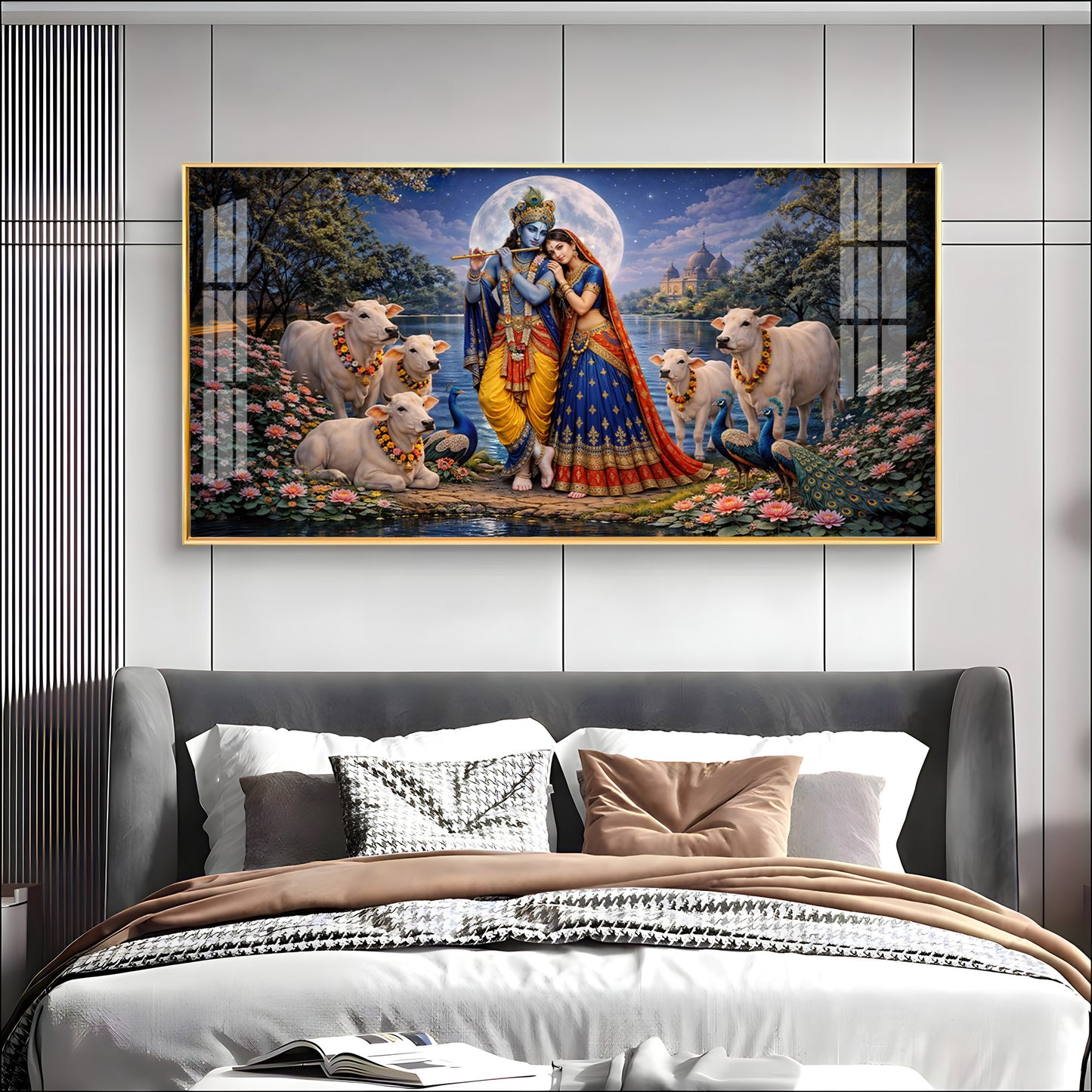 Shri Radha Krishna With Cow Premium Acrylic Horizontal Wall Art