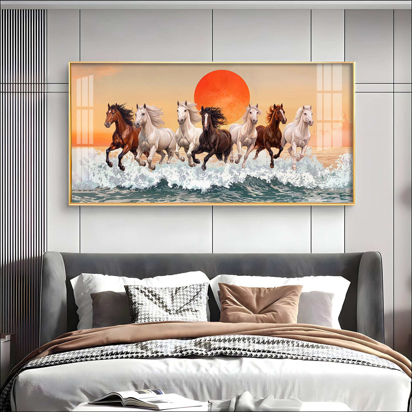 Seven Horses Glloping Across Ocean Premium Acrylic Horizontal Wall Art