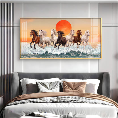 Seven Horses Glloping Across Ocean Premium Acrylic Horizontal Wall Art
