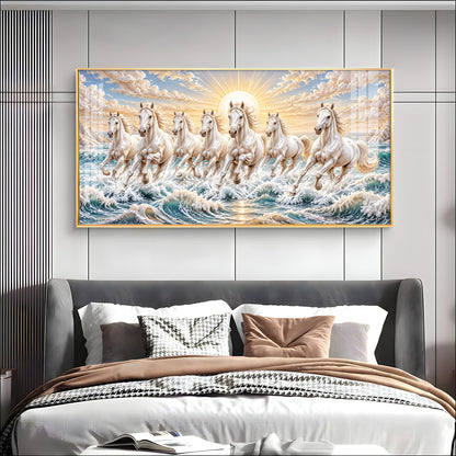 Majestic White Seven Running Horses Premium Acrylic Horizontal Wall Art